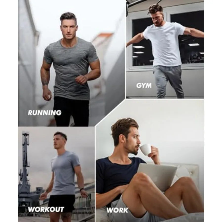 BOOJO 5 Pack Workout Shirts for Men-Quick Dry Black Gym Moisture Wicking Short Sleeve T-Shirts for Running Athletic Casual