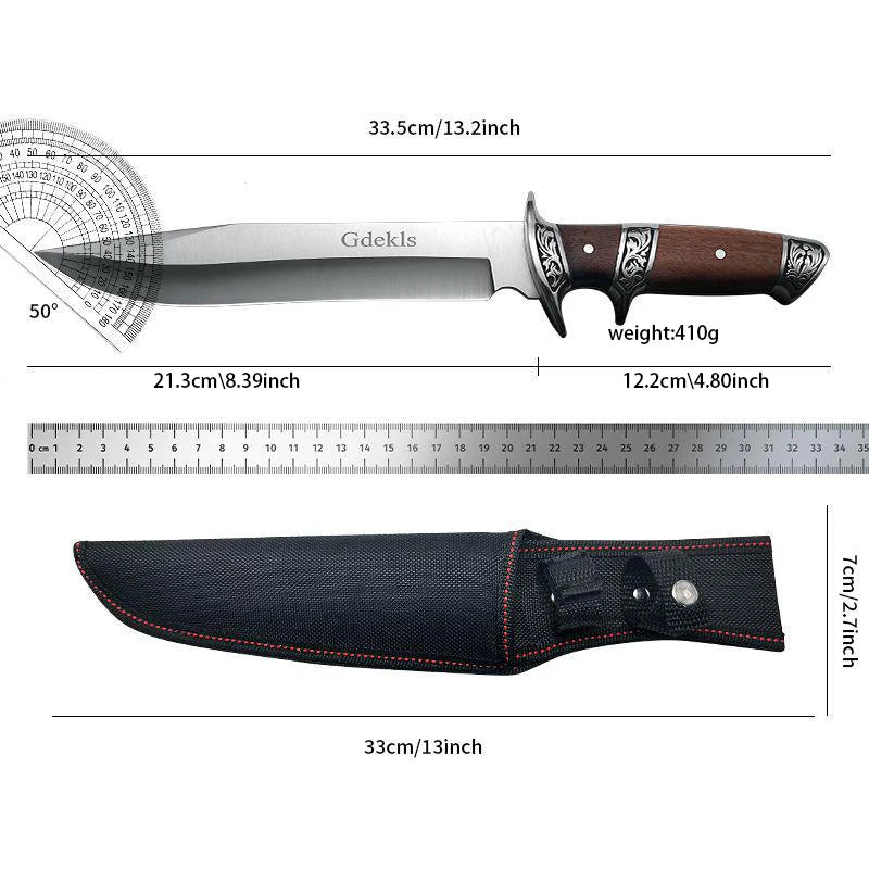 Wood handle with fixed blade, tool steel blade, including sheath, camping knife, outdoor survival tool, safety guard hand