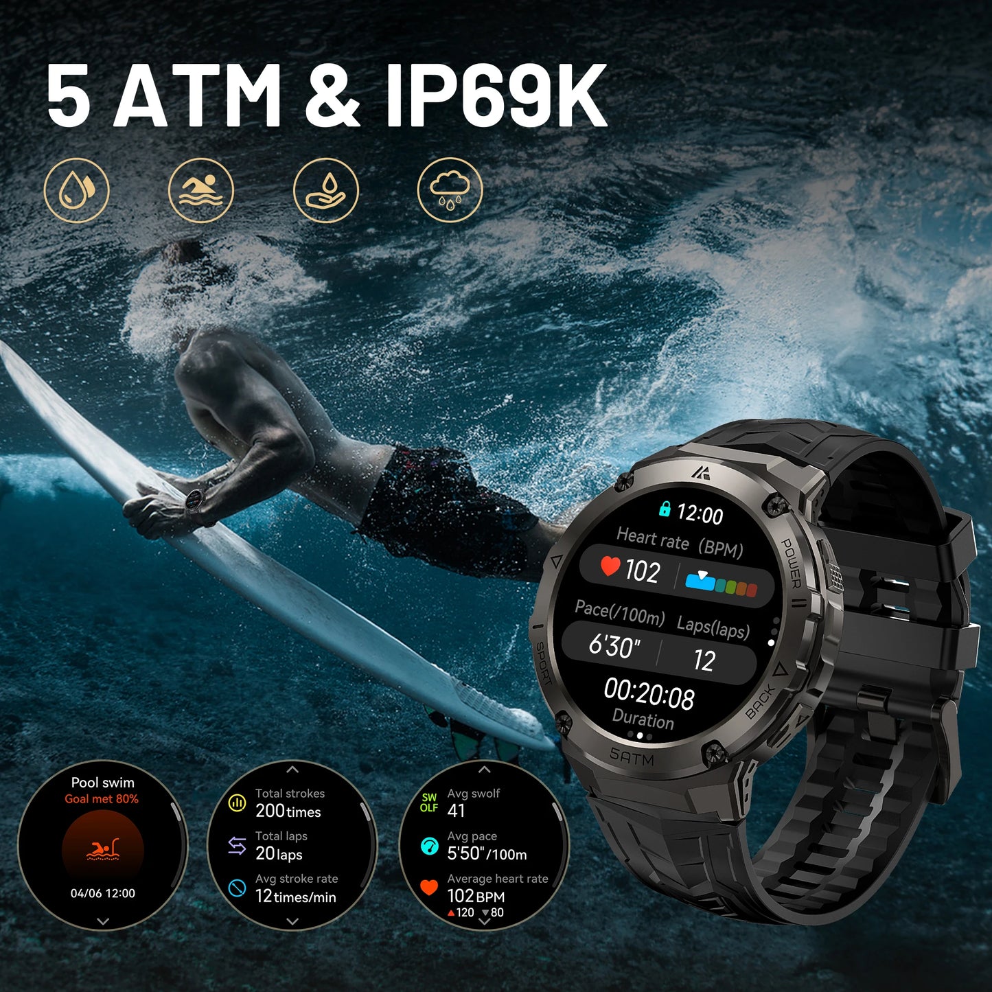 GPS Smart Watch For Men Compass Altimeter Altitude Stainless Steel Shell 5ATM IP69K Waterproof 470mAh AMOLED Watches