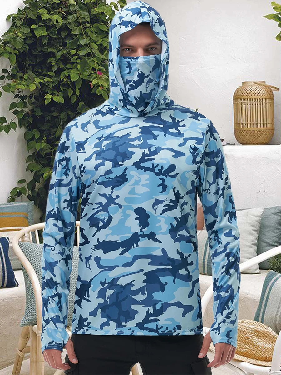 Men s Fishing Shirt Camo Print Hoodie with Built-in Face Mask for Sun Protection and Outdoor Activities like Hiking and Running