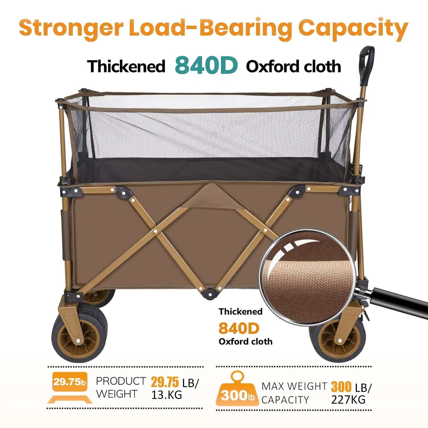 Collapsible Camping Beach Wagon, 350L Garden Cart, Heavy Duty Utility Fold Wagon with Big Wheel & Side Pickets for Garden