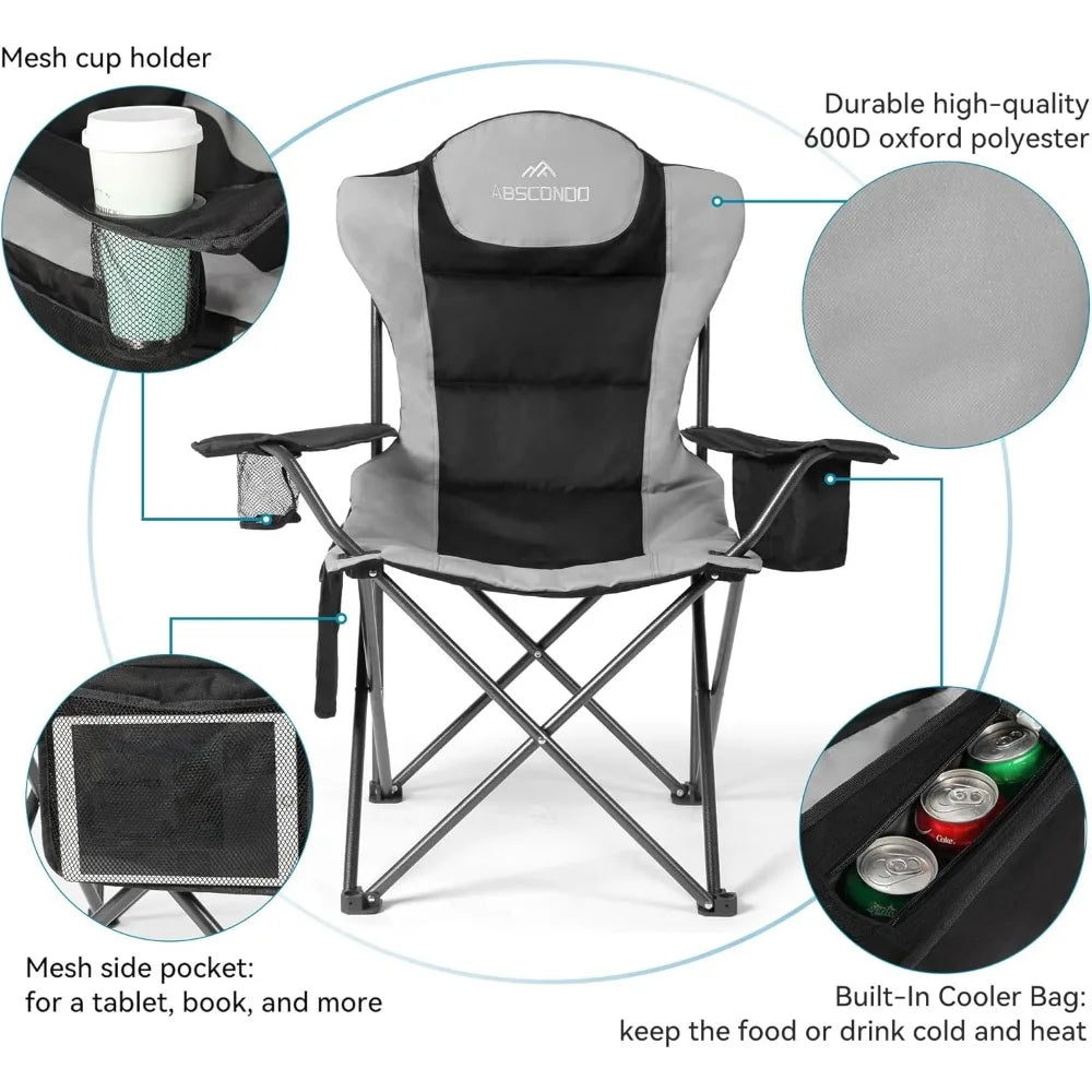 Camping Chairs for Adults, Oversized Folding Camp Chair for Outdoor with Cup Holder & Cooler Bag, XL Heavy Duty Lawn Chairs Sup