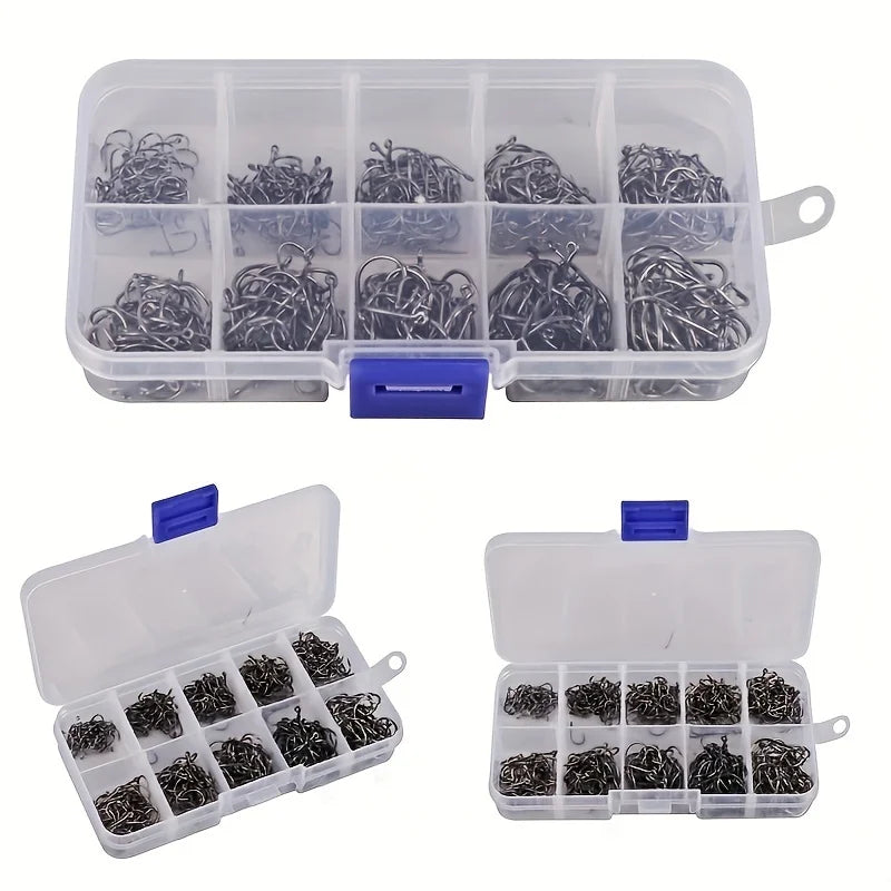 500Pcs Pack of Fishing Hooks with Barbs – Size 3-12# Black Stainless Steel Hooks for All Your Angling Needs