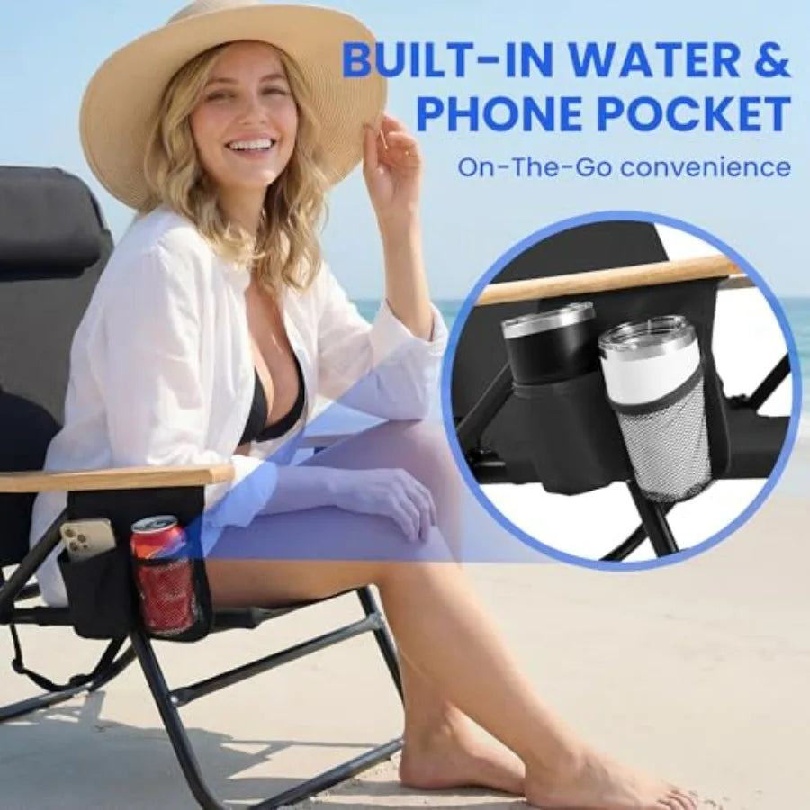Portable beach chair for adults: lightweight outdoor camping chair with wooden armrests, black color, 5-position reclining flat