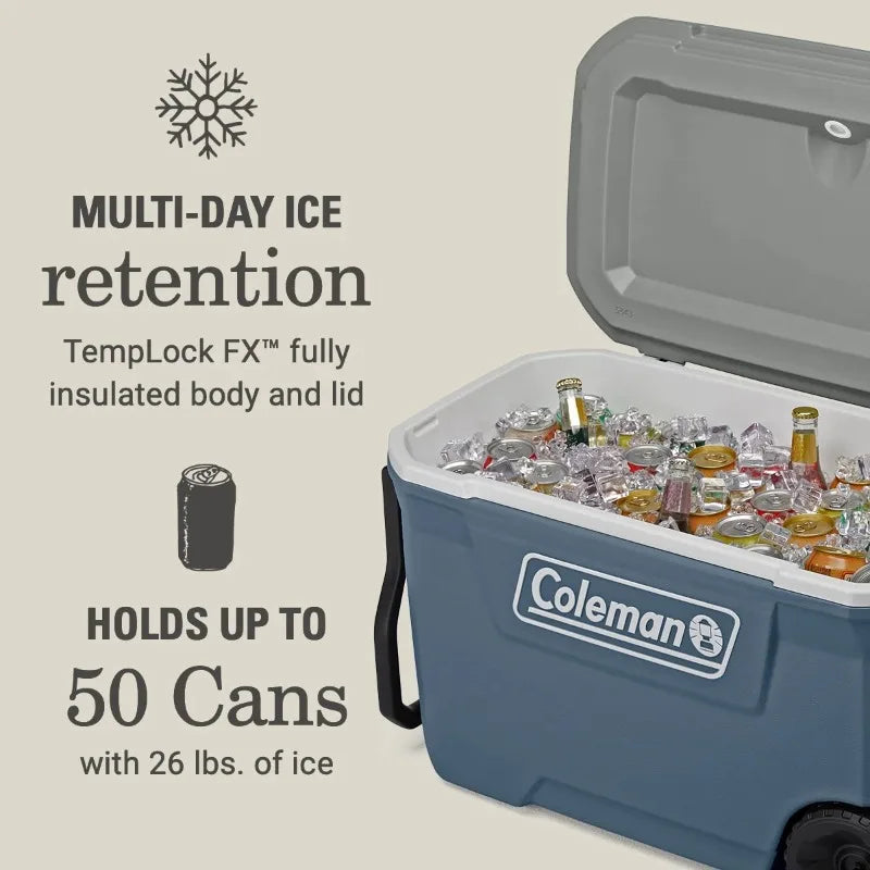 62QT Portable Ice Chest Rolling Cooler with Wheels, Leak-Resistant Outdoor Hard Cooler Keeps Ice up to 5 Day