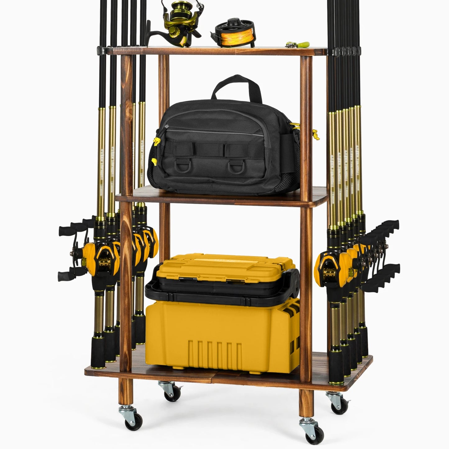 Fishing 10 Rods Rack 3 Tier Fishing Storage Rack, Space-Saving Fishing Rod Holders for Garage, Fishing Gear Tackle Box Fishing E
