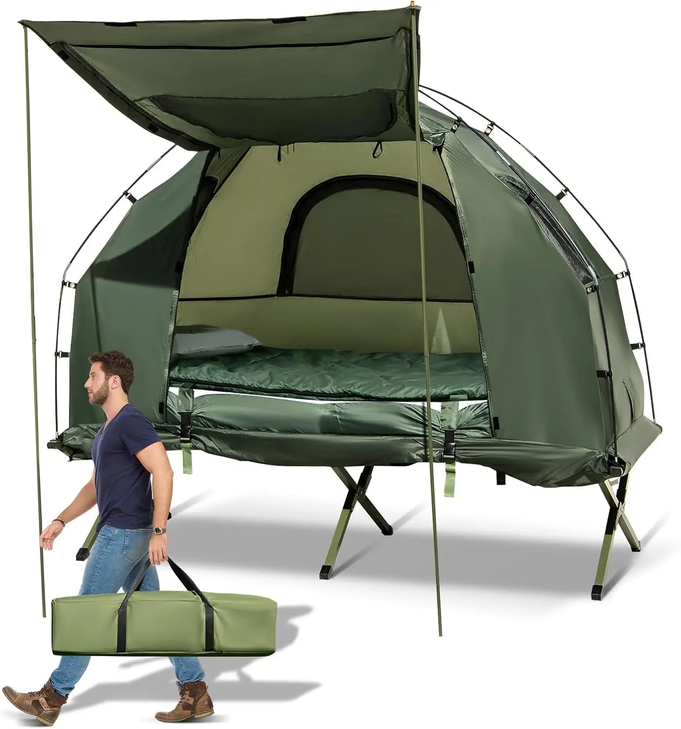 Tent Cot, 5-in-1 Folding Camping Cot with Mattress & Pillows, Sleeping Bags, Sunshade, Camping Tent Elevated with Carrying Bag f