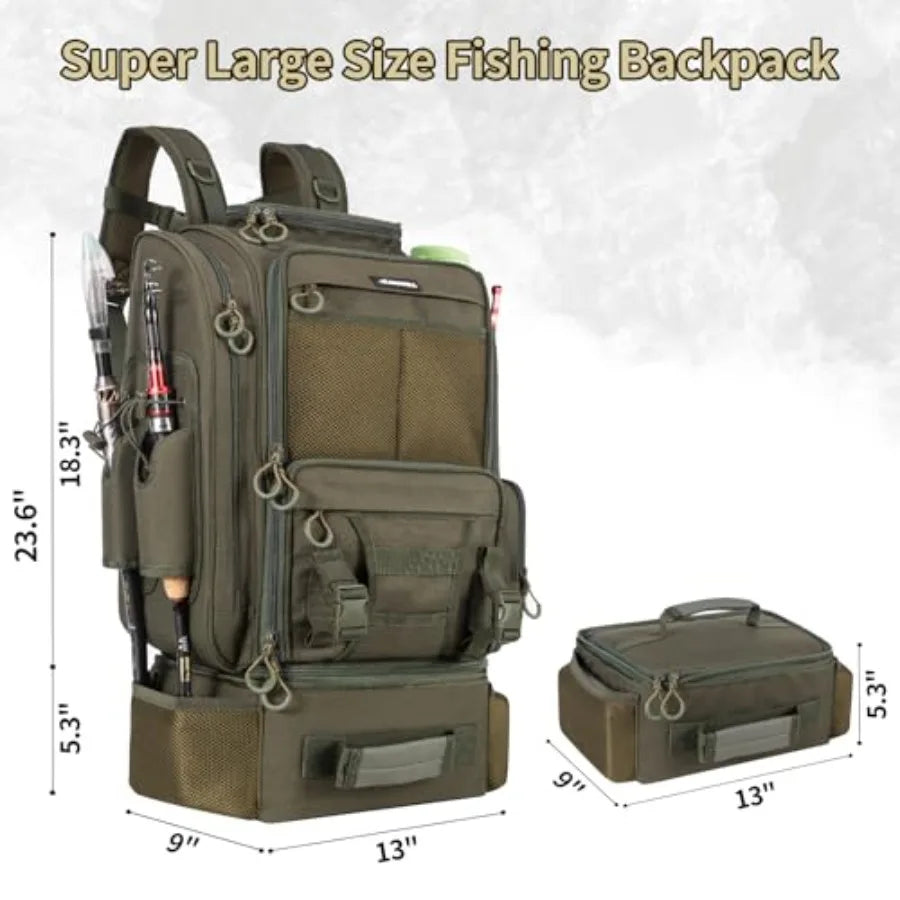 Large Fishing Backpack with Cooler for 3 Tackle Boxes - Fishing Bag with Rod Holders for Camping and Hiking