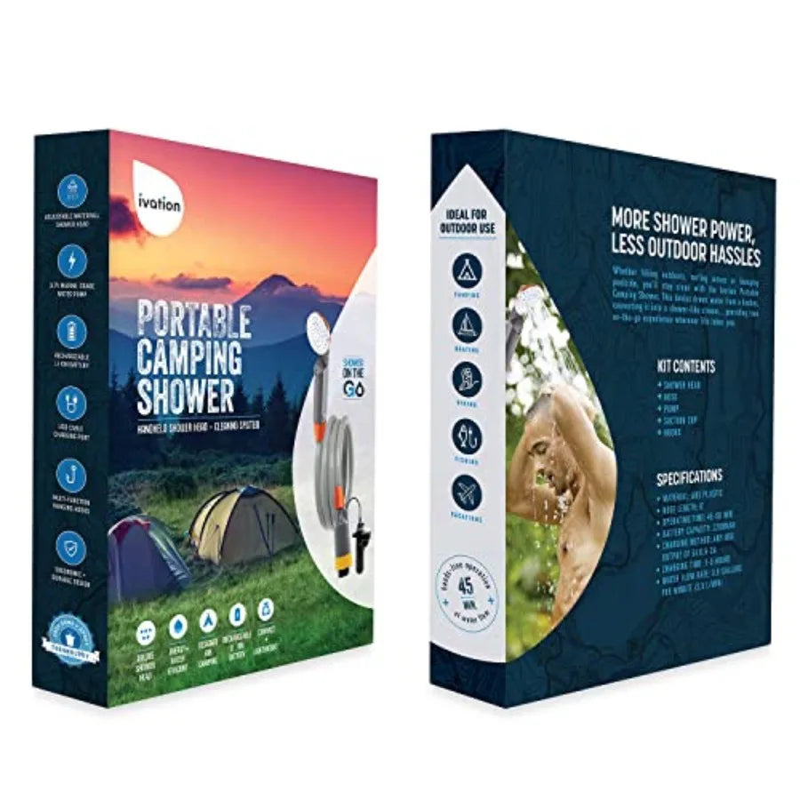 Portable Camping Shower Compact Handheld and Hands-Free Rechargeable Outdoor Shower Head and Cleaning System w/ 3.7V Pump 6-Ft