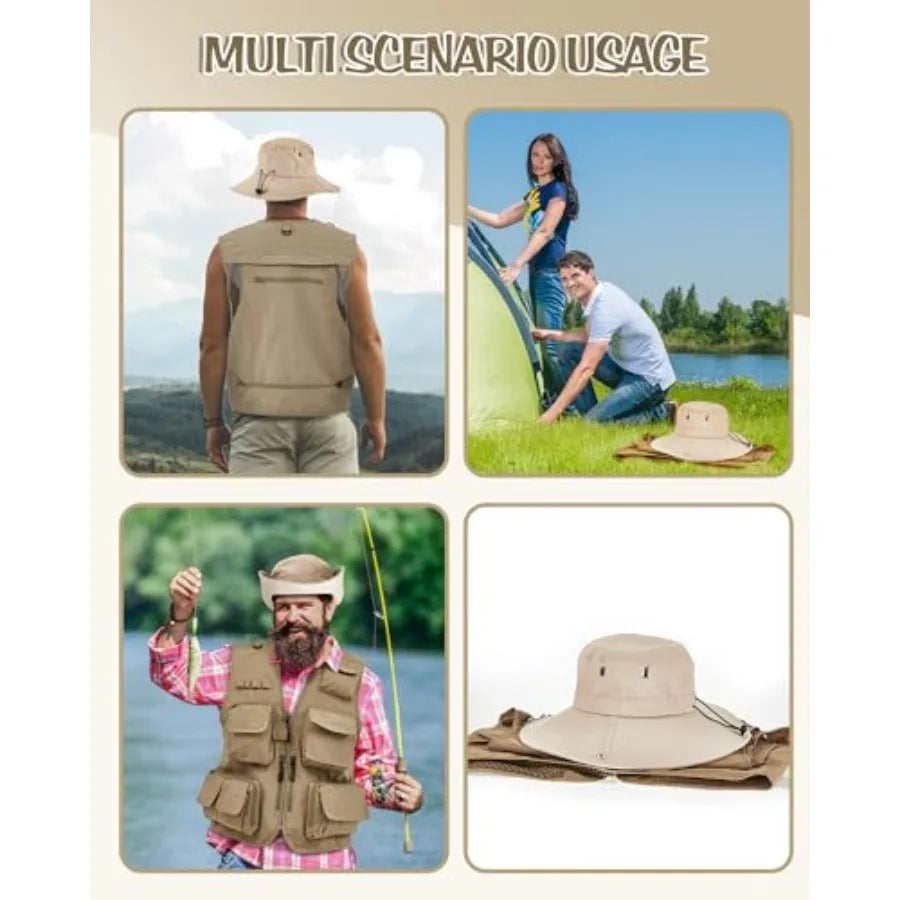 2 Pcs Men's Fishing Vest Sun Hat Multi Pocket Safari Vest for Outdoor Hiking Summer Travel