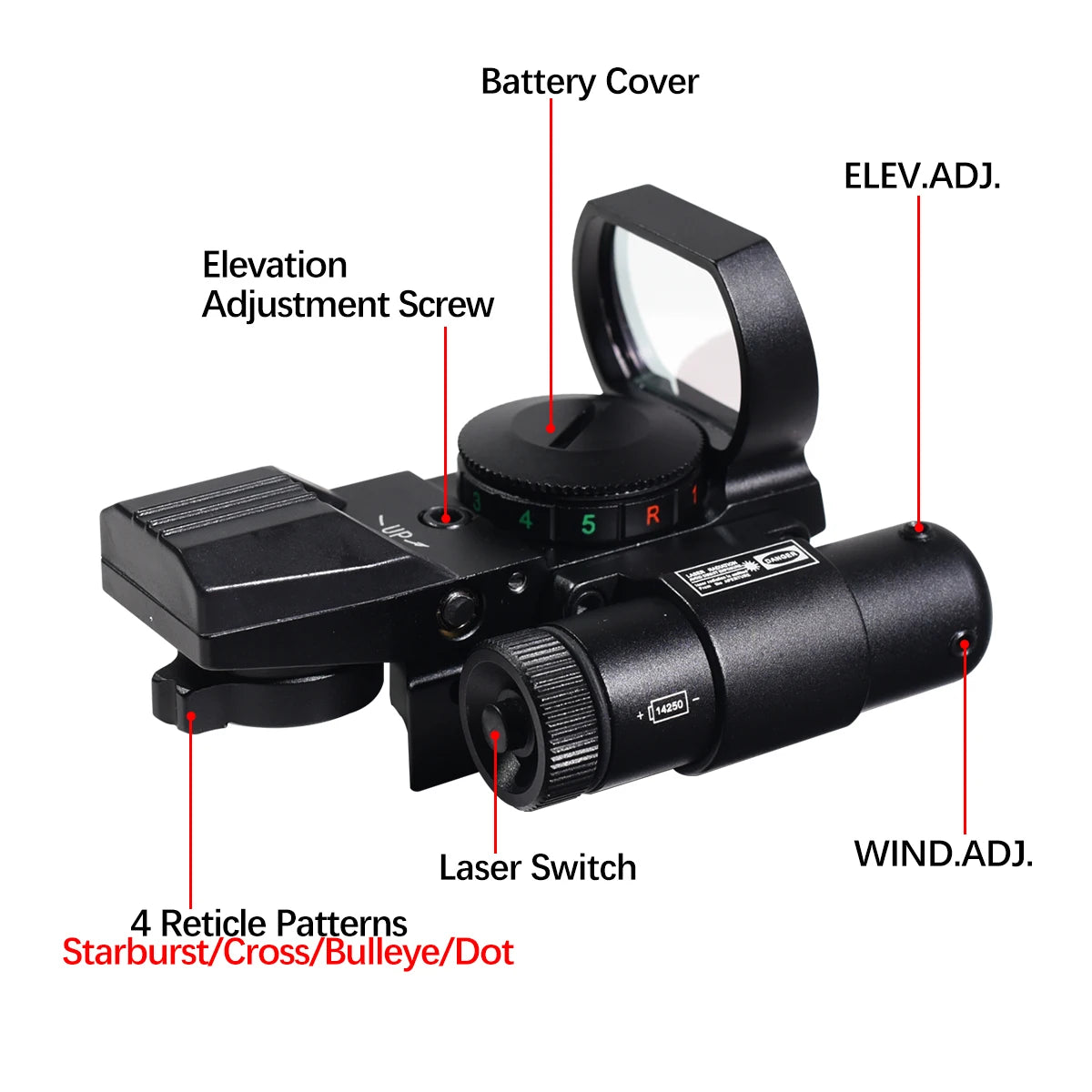 Tactical HD101B Red Dot Sight with Laser Pointer 4 Reticle Holographic Projected Airsoft Scope Collimator for Hunting