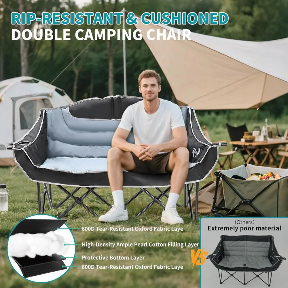 Begonia.K Double Camping Chair for 2 Person - Oversized Padded Folding Loveseat - Portable Camping Couch Heavy Duty Lawn Chairs