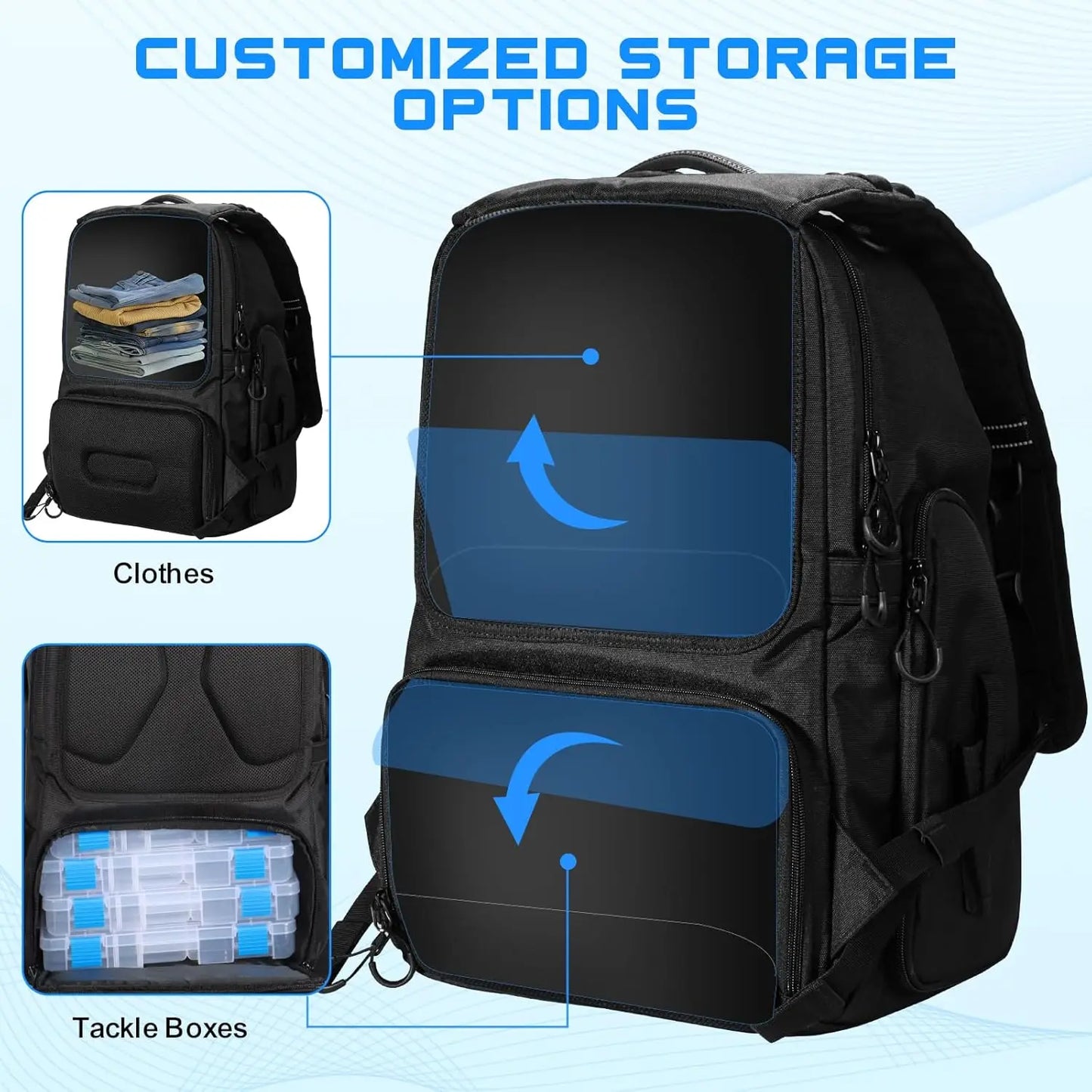 50L Fishing Tackle Backpack with Removable Lure Wraps,Include (4) 3600 Tackle Boxes, 2 Rod Holders