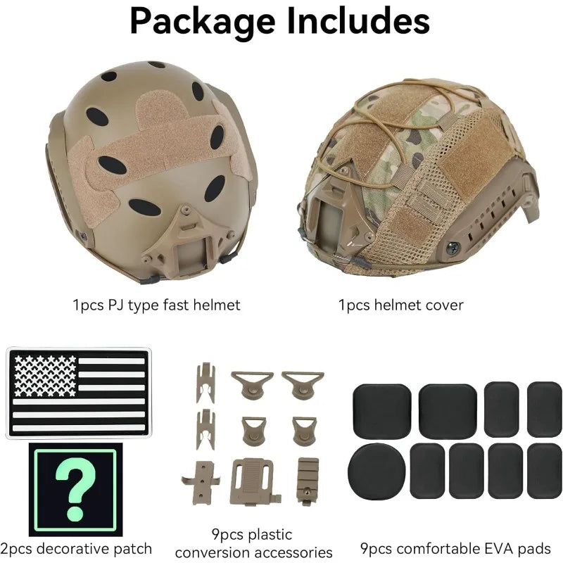 Helmet, Fast PJ Type Tactical Paintball Helmet with Helmet Cover & Buffer Pads