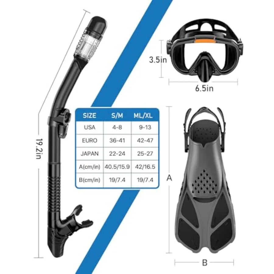 Snorkeling Gear for Adults Men Women, 4 in 1 Snorkel Set with Panoramic View Diving Mask Anti-Fog Anti-Leak, Dry Top Snorkel, F