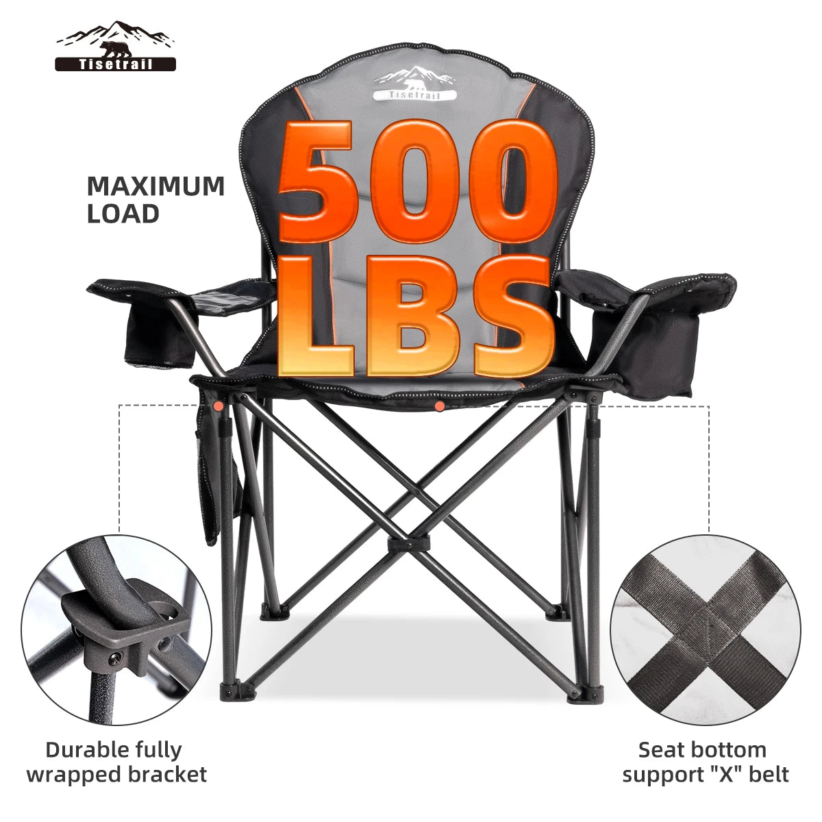 Oversized Camping Chair Folding Chair with Cooler Padded Outdoor Chairs Heavy Duty Support 500 LBS Black&Gray