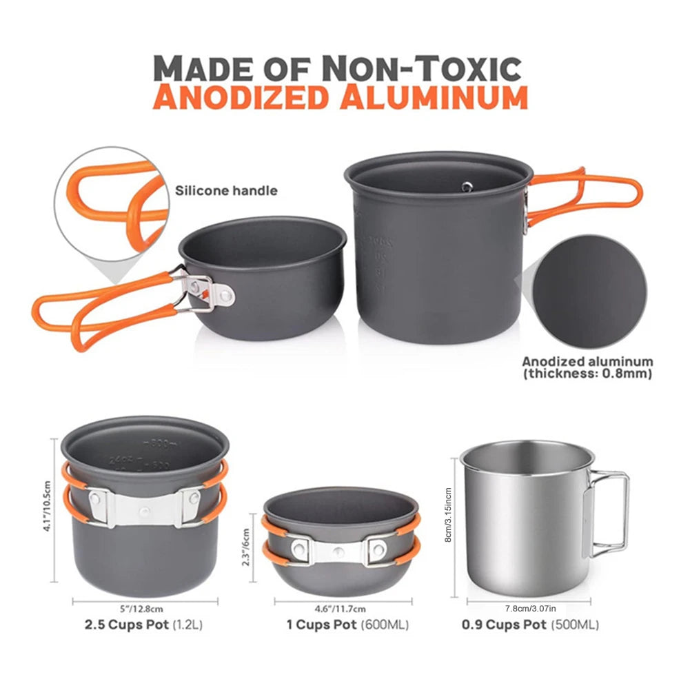 Camping Cookware Mess Kit with Mini Stove Outdoor Tableware Equipment with Cup Fork Portable Cookware Equipment for Campfire