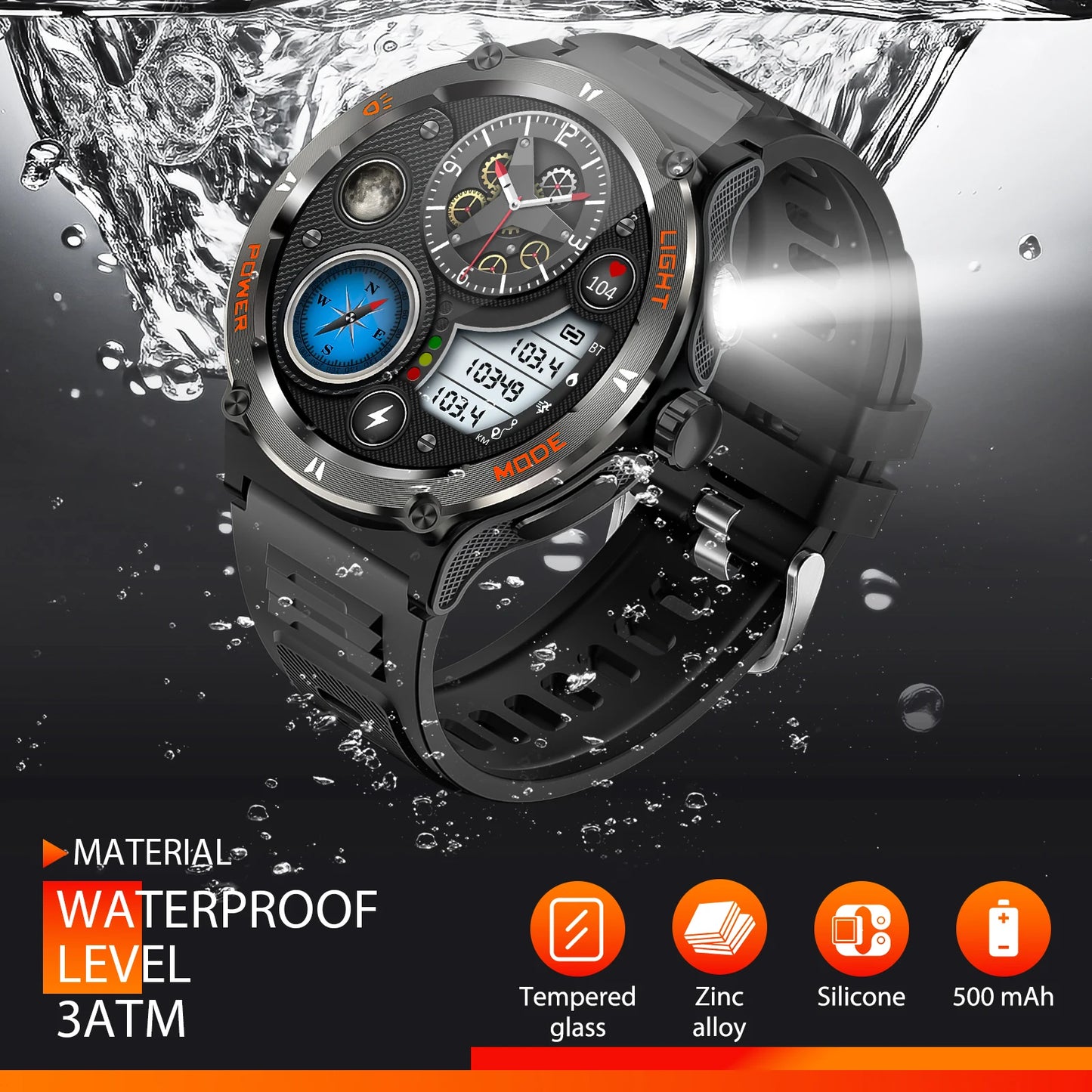 Smart Watch 3ATM Waterproof 1.53" KT76 Men Sport With Compass And LED Flashlight Heart Rate Sleep Analysis Bluetooth Call
