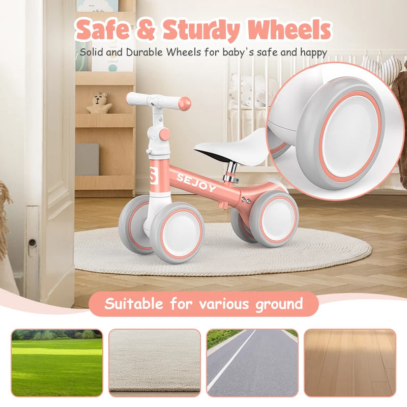 SEJOY Baby Balance Bike Ride Toy for 1-3 Year Adjustable Seat,,Pedal-free 4-Wheels Baby Toddler, Sturdy Steel Frame, Non-Slip Handles, Soft PU Seat, Indoor Outdoor Play, First Birthday Gift for Toddler Boys Girls