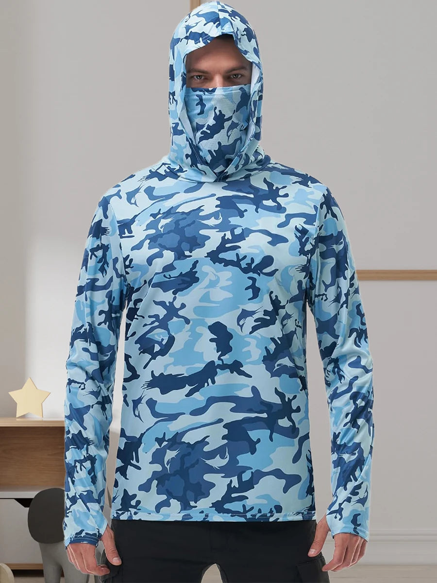 Men s Fishing Shirt Camo Print Hoodie with Built-in Face Mask for Sun Protection and Outdoor Activities like Hiking and Running