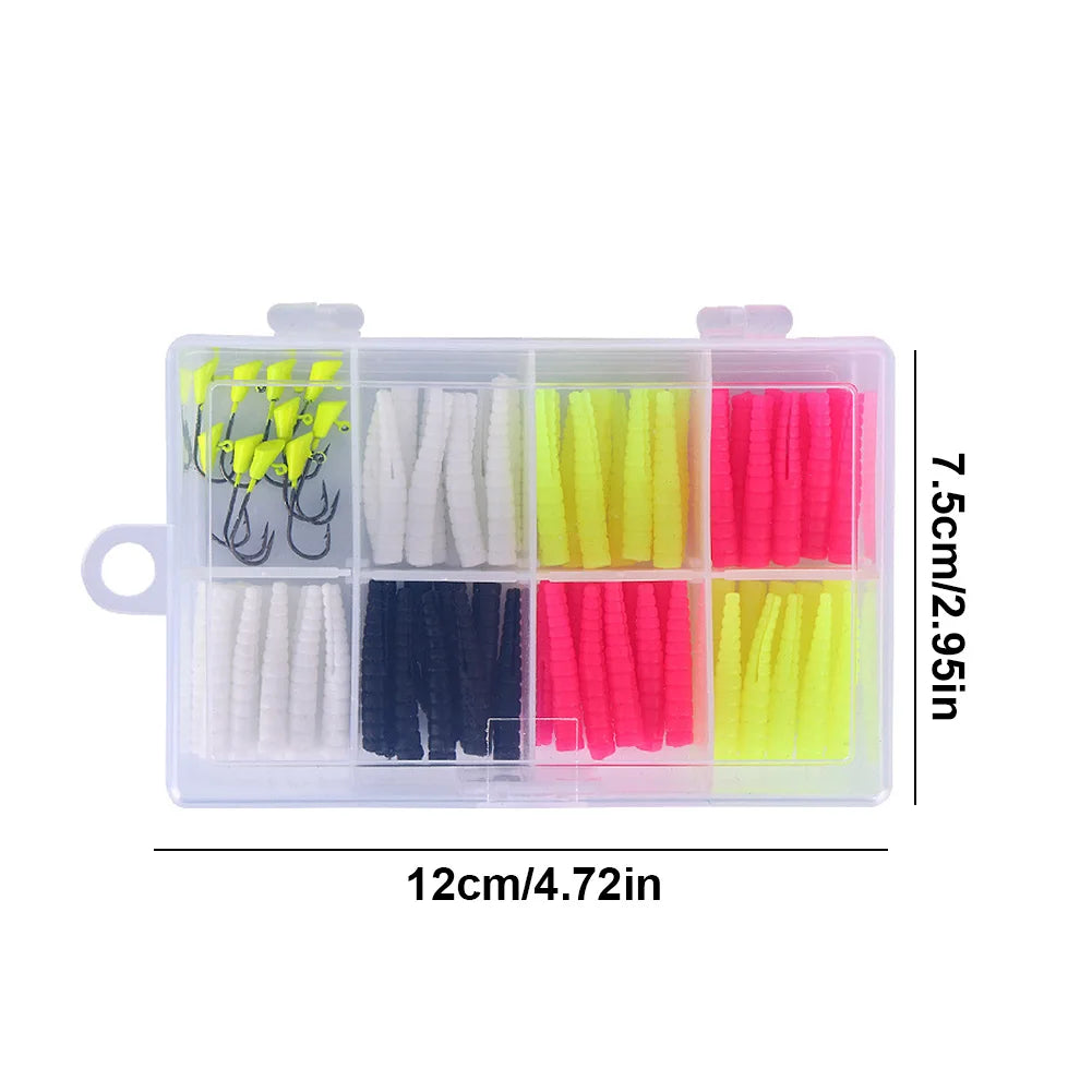 Silicone Artificial Bait Kit with Split Tail Grub Worms Jig Head Hooks for Seasonal Trout Crappie Panfish Fishing Accessories