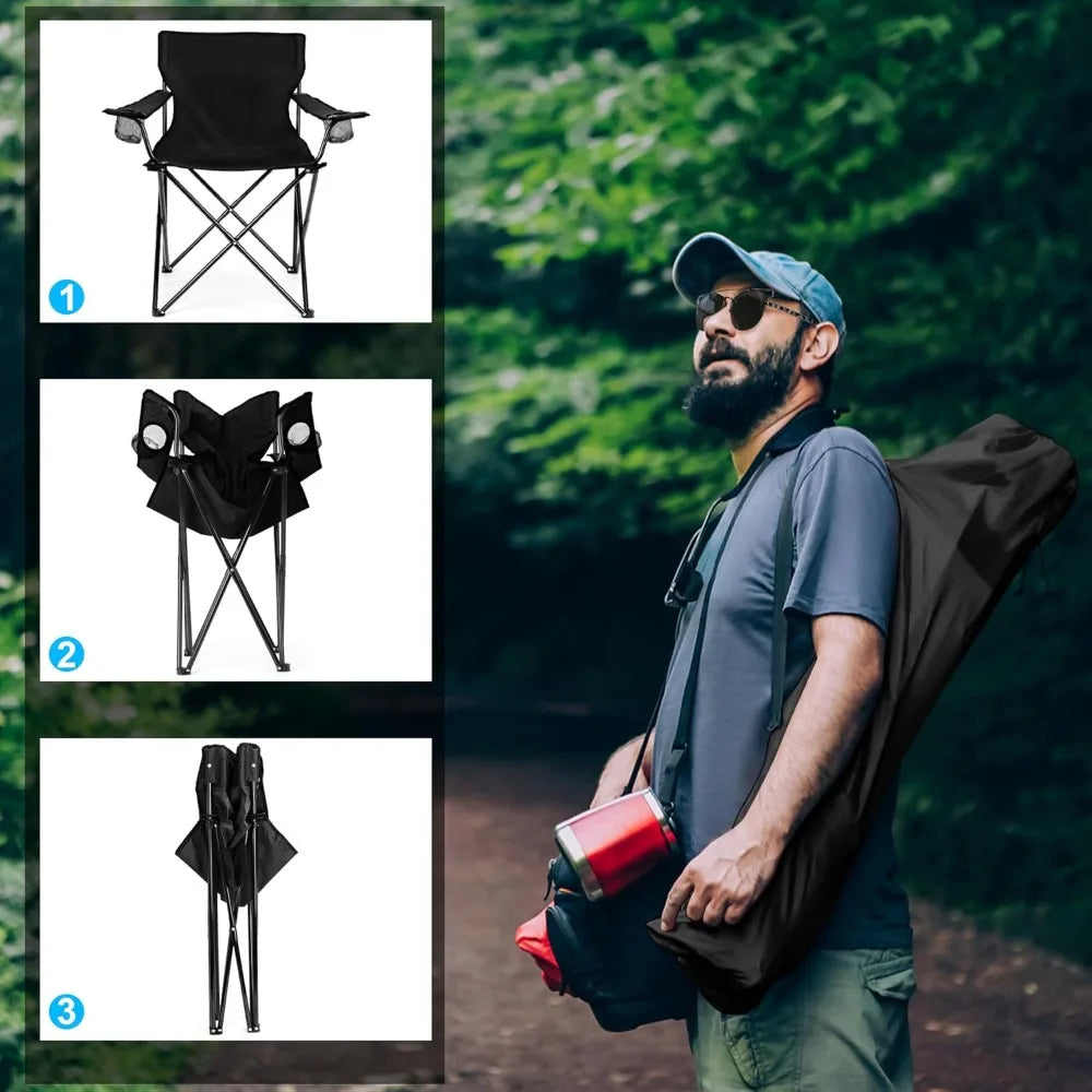 Foldable Camping Chair Set of 2, Folding Camp Chairs for Adults, Large Portable Lawn Chair for Outdoors Fishing, Hiking, Travel, Picnic, Beach, Supports 275lbs & Include Storage Bags (Black)