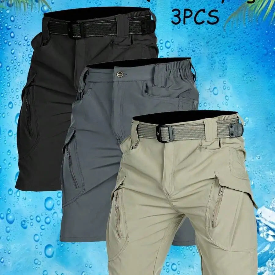 3pcs Mens Quick-Dry Tactical Cargo Shorts Outdoor Hiking Lightweight Breathable Elastic Waist