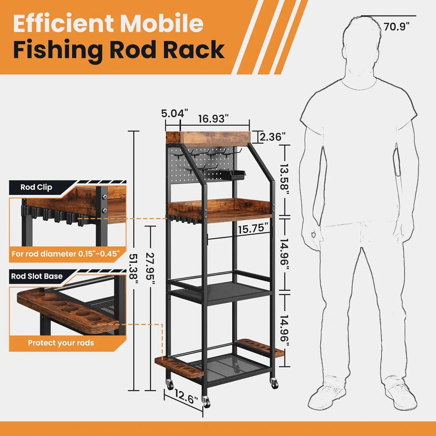 Garage fishing rod rack, three-tier fishing rod rack, rolling fishing rod storage rack with wooden tool box, fishing tackle rack