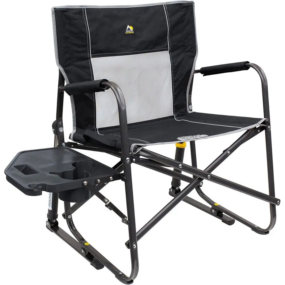 Portable Folding Rocking Chair with Side Table, Comfortable Backrest, and Drink Holder - Black
