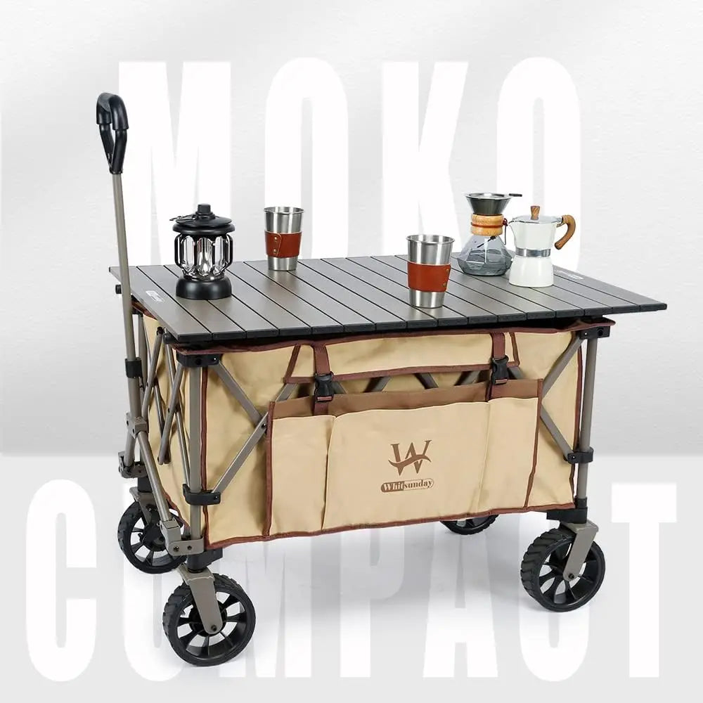 Folding Collapsible Wagon Cart, Beach Heavy Duty Wagon with Table,Utility Grocery Cart for Camping Sports Outdoor Shopping Park