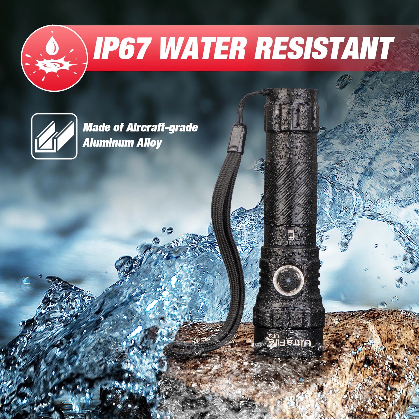 UltraFire UF3 Tactical Flashlight 1200 Lumen USB Rechargeable Powerful Police Flashlight with Holster for Home Emergency Camping