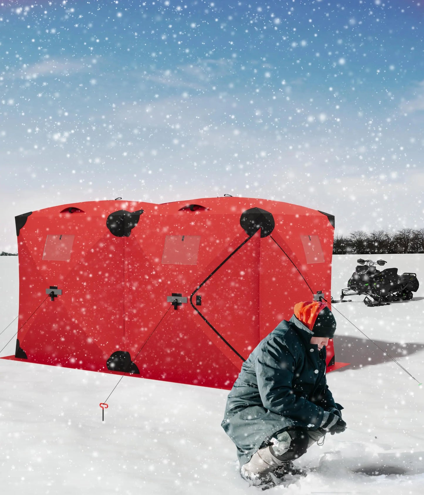 Pop Up Ice Fishing Tent Insulated Ice Fishing Shelter Portable Hub-Style Shelter Shanty Windproof and Warm, Multiple Sizes for 3-4 Person, Red, 6x6x6.6 Ft