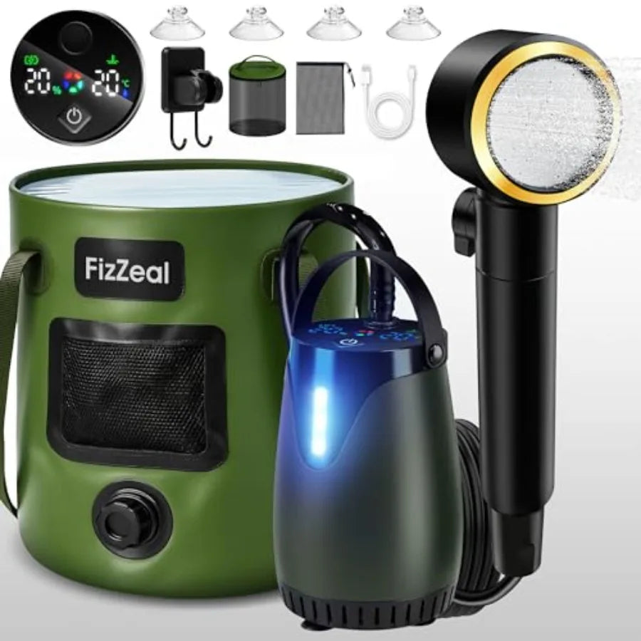 Portable Shower for Camping, 8000mAh Rechargeable Portable Camping Shower Pump with 6.6 Gallons Foldable Bucket, 5 Speed and LE