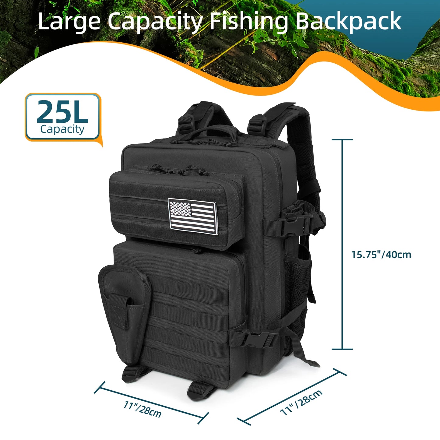 25L Fishing Hunting Bag Tactical Backpack Men's Travel Large CapacityBackpack Durable and Waterproof Men's Outdoor Bag
