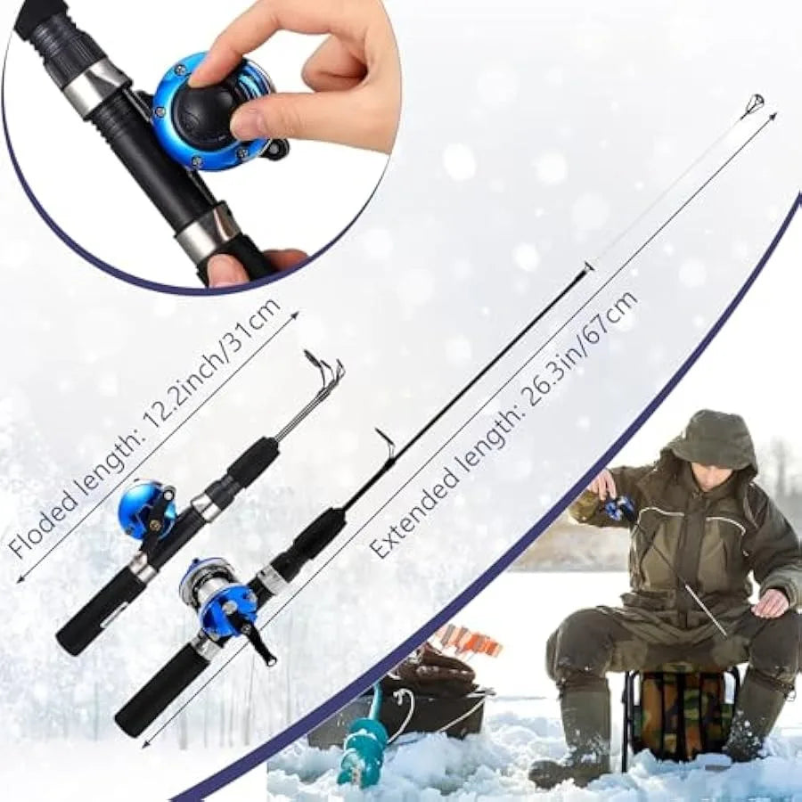Ice Fishing Rod and Reel Combo Ice Fishing Gear with Folding Backpack Chair Ice Fishing Pole Ice Scoop Ice Fishing Jigs