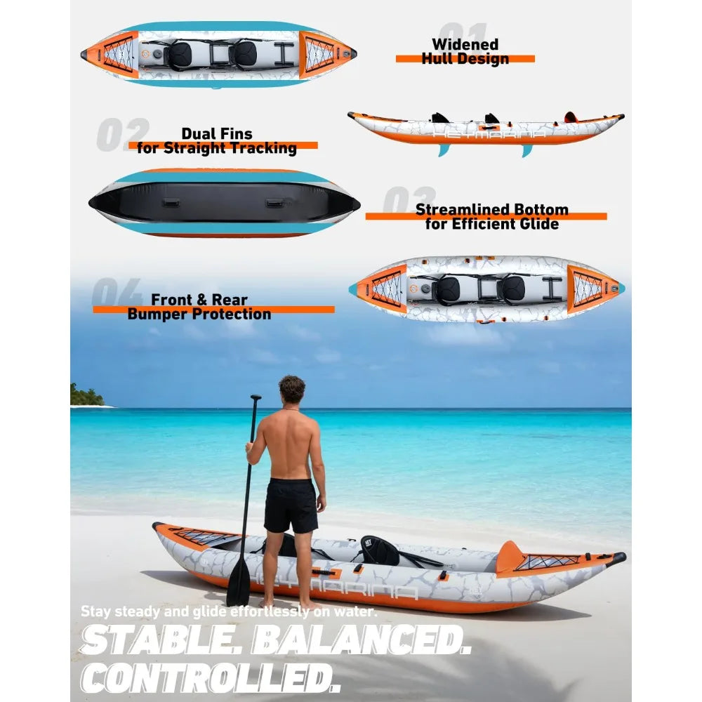 Inflatable Tandem Fishing Kayak for 2 Adults, Portable Touring Canoe with Dual Floats & Drop-Stitch Floor, Custom