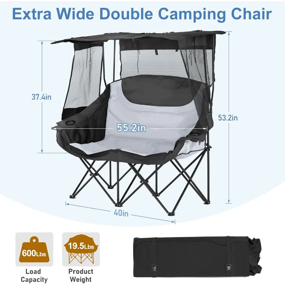 Double Beach Chair with Canopy Shade, Oversized Folding Loveseat with Cup Holder & Side Pocket for Camping, Beach, Lawn, Fishin