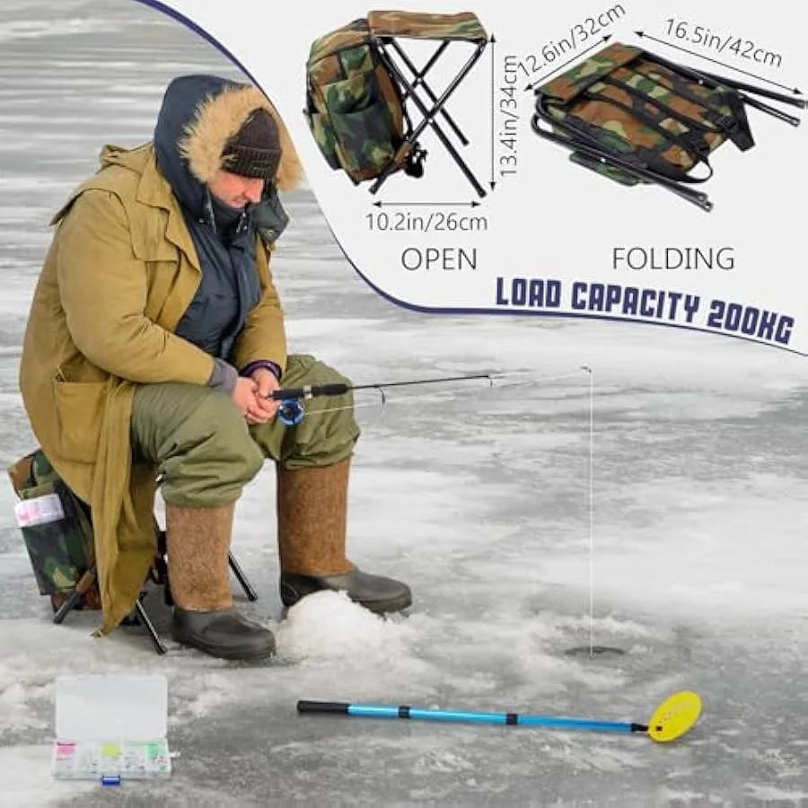 Ice Fishing Rod and Reel Combo Ice Fishing Gear with Folding Backpack Chair Ice Fishing Pole Ice Scoop Ice Fishing Jigs