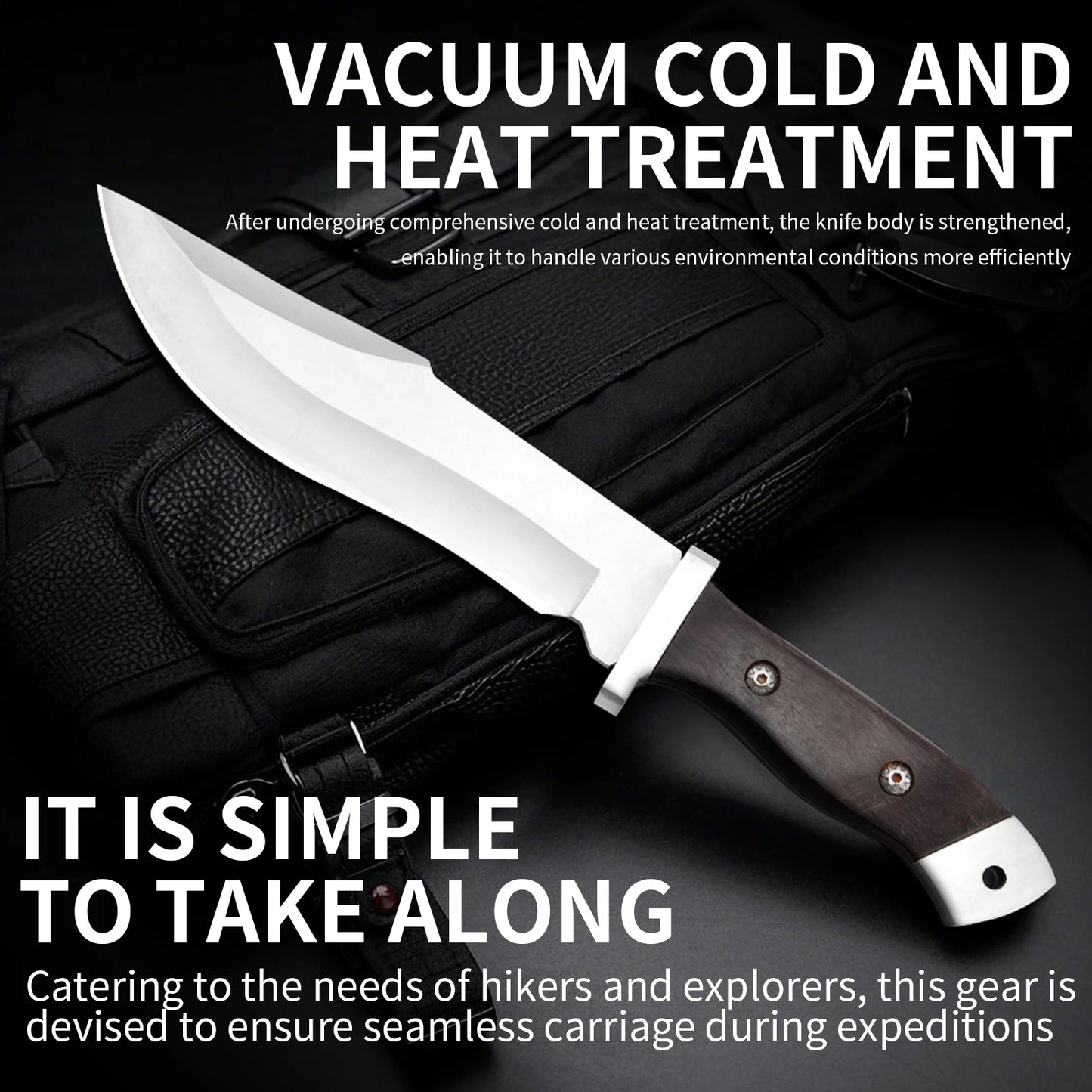 Stainless steel hunting knife with a wooden handle, paired with a black leather sheath, an essential tool for adventurers