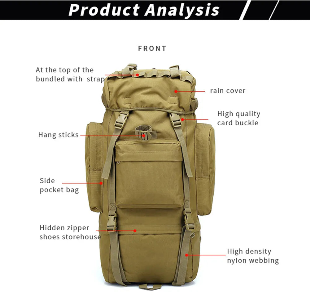 65L Military MOLLE Large Capacity Backpack Daypack Bag with Internal Frame Waterproof Rucksack for Camping Hiking