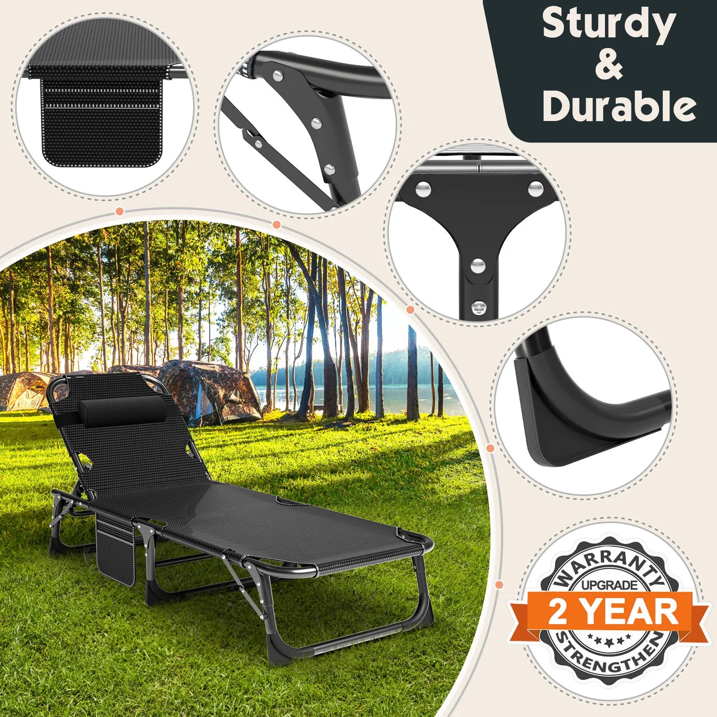 Folding Reclining Cot Outdoor Beach Patio Chaise Lounge Chair Pool With Blue Pad