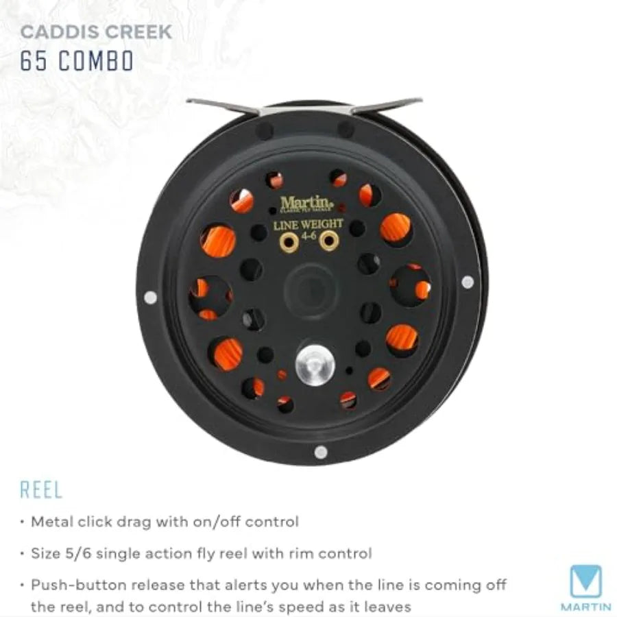 Caddis Creek Fly Fishing Rod and Reel Combo 9-Foot 2-Piece Fiberglass Rod Moderate Fast Action Single Action Fly Reel Aluminum