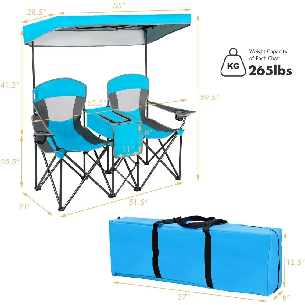Double Camping Chair with Canopy, 2 Person Folding Beach Chair with Canopy Shade, Table Beverage Holder and Storage Bag, Double