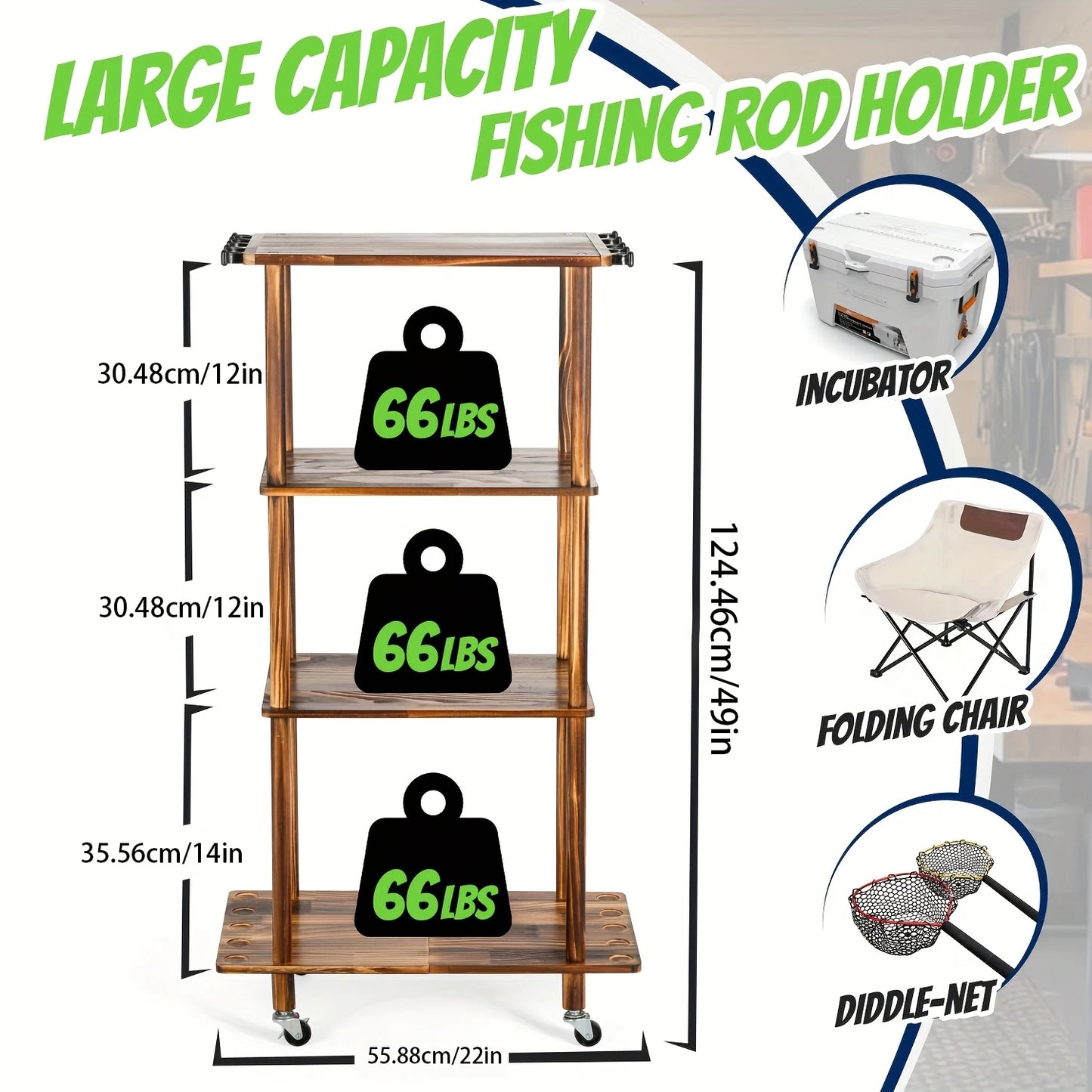 Fishing 10 Rods Rack 3 Tier Fishing Storage Rack, Space-Saving Fishing Rod Holders for Garage, Fishing Gear Tackle Box Fishing E