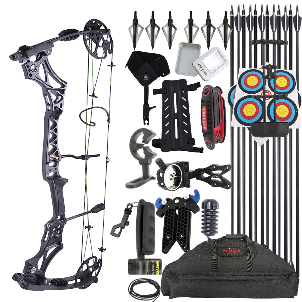 Archery M129 Compound Bow Arrow Kit 320fps Adjustable Draw Weight Magnesium Alloy Riser RH Full Hunting Accessory Set