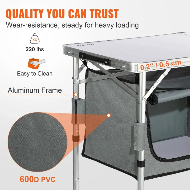 Camping Kitchen Table Folding Portable Cook Station 3 Adjustable Heights