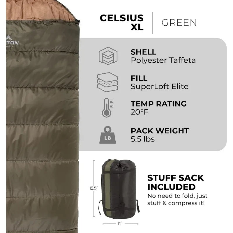 Celsius XL, -25F, 20F, 0F Degree Sleeping Bags, All Weather Warm Sleeping Bag for Adults and Kids, Camping Season