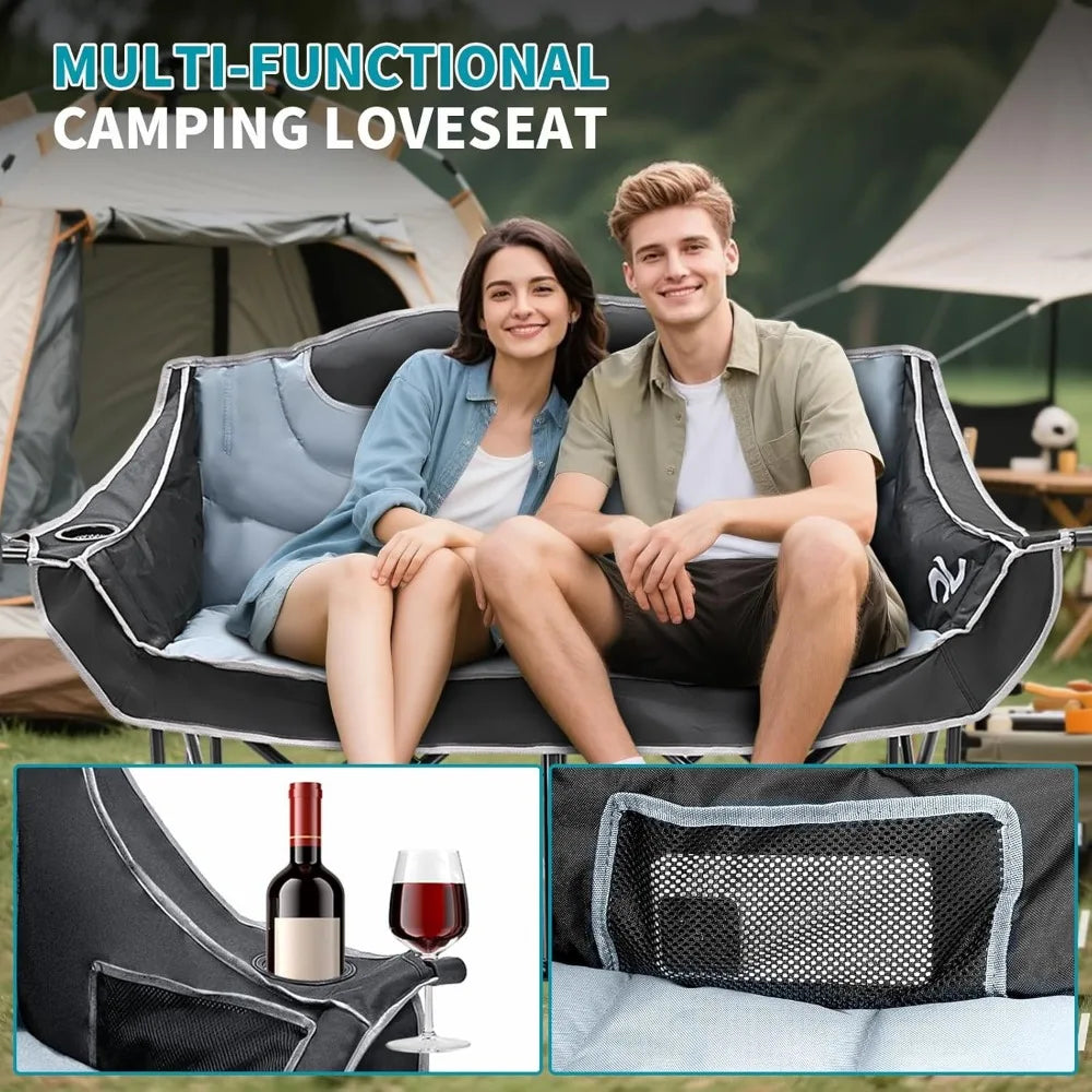 Begonia.K Double Camping Chair for 2 Person - Oversized Padded Folding Loveseat - Portable Camping Couch Heavy Duty Lawn Chairs