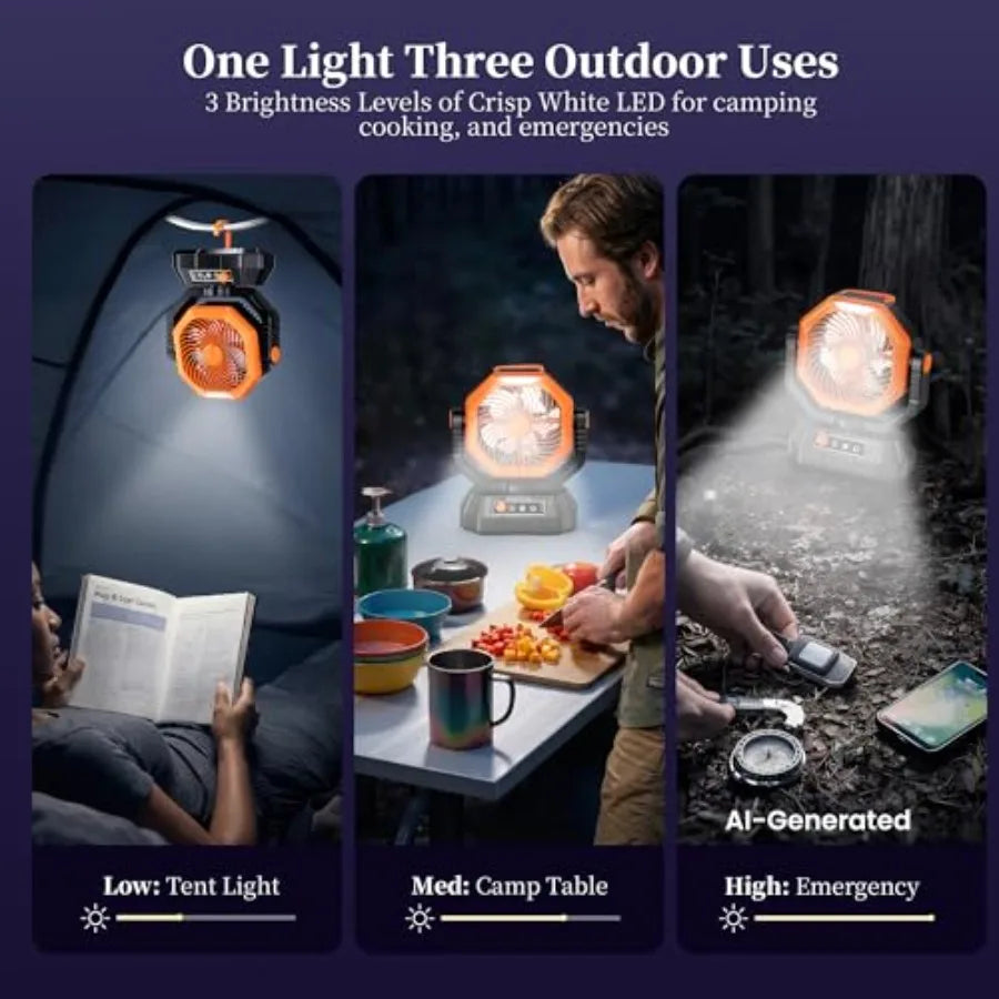 Camping Fan with Light, Remote and Oscillation, Battery Powered Hanging Tent Fan, Rechargeable Portable for Camp, Outdoor, Emer