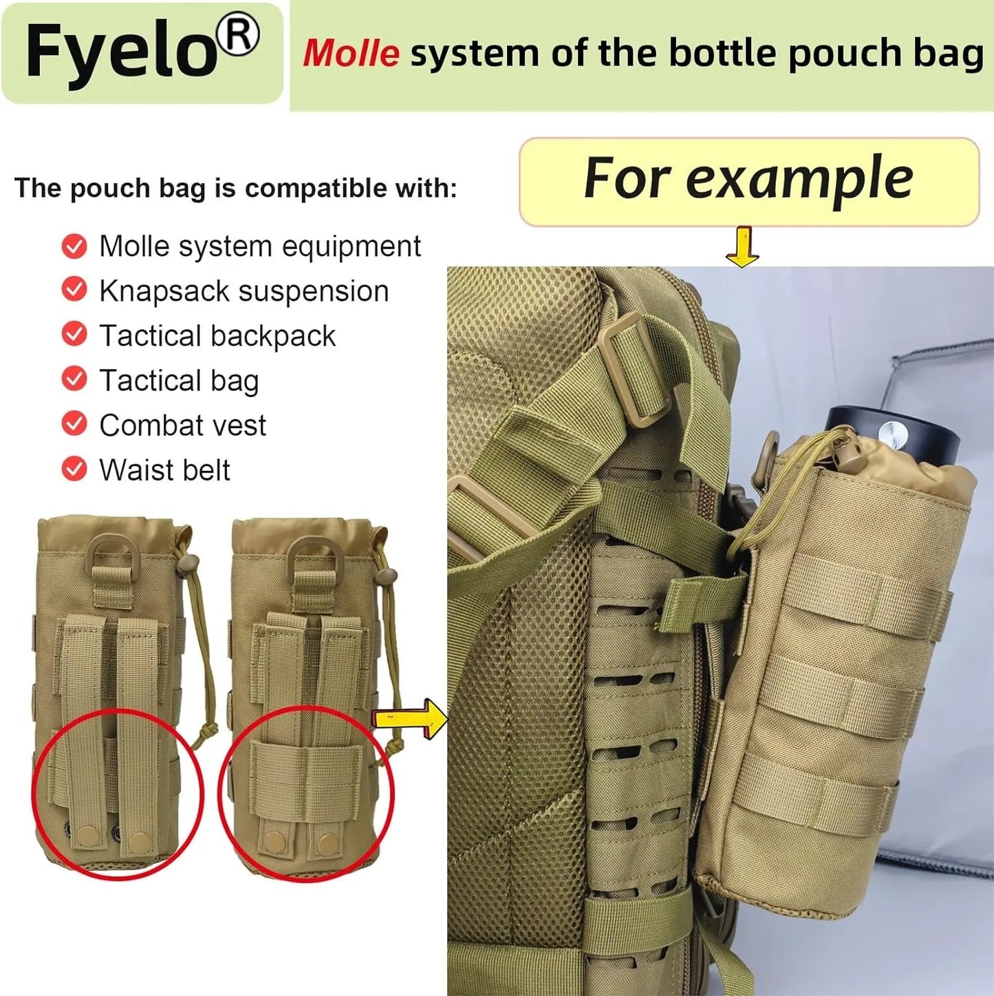 Tactical MOLLE Bottle Pouch Bag Travel Sprots Molle Water Bottle Holder with Drawstring Open Top and Mesh Bottom